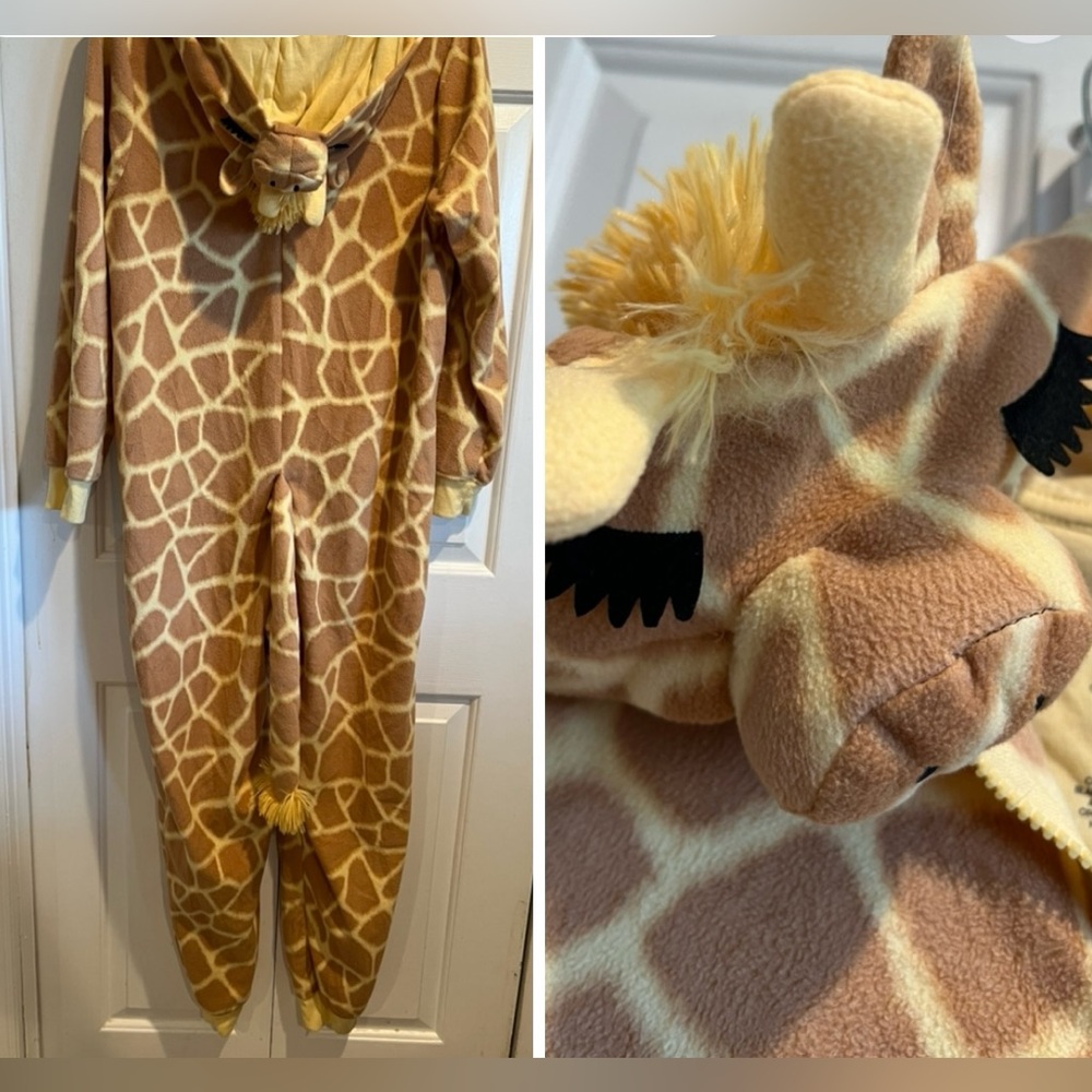GIRAFFE Print One Piece Pajamas - Zip Front, Pockets, Hood and Tail